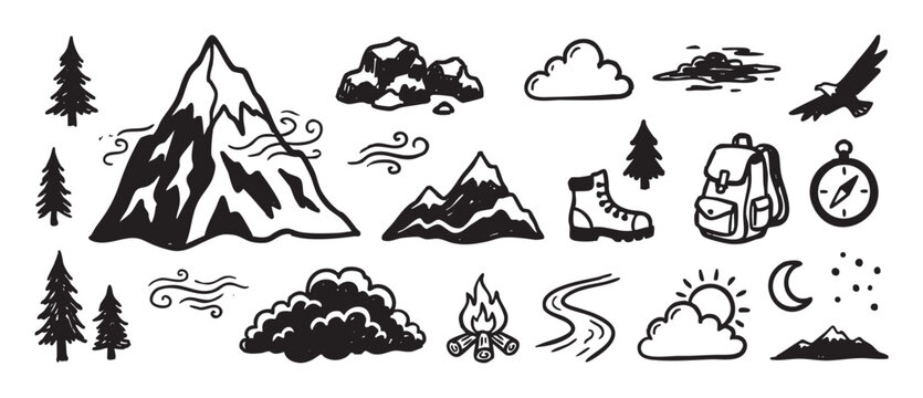 Hand-drawn camping and hiking doodle icons including a mountain, pine tree, backpack, compass, and campfire in a simple black ink sketch illustration set for outdoor themes