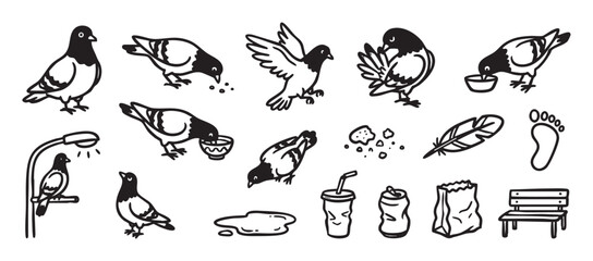 Obraz premium Collection of hand drawn pigeon illustrations and urban elements in a simple black and white doodle style, showing birds eating, flying, and perching near city trash and a bench