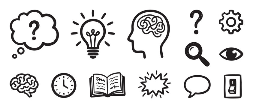 Set of hand-drawn doodle icons representing concepts of thinking, ideas, learning, and problem-solving, featuring a lightbulb, brain, question mark, and book in a simple sketch style
