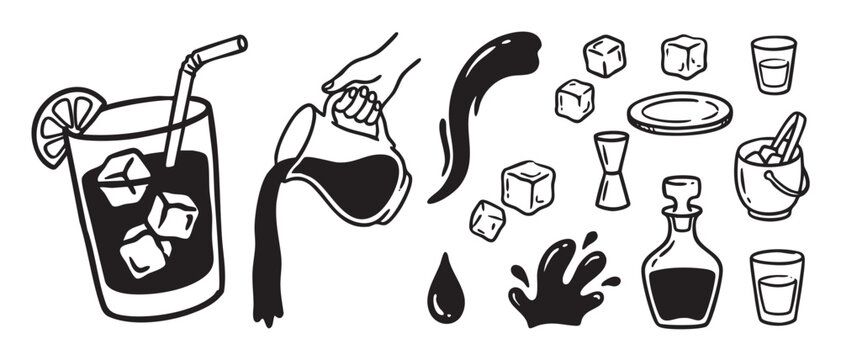 Hand-drawn black and white vector icon set of various cocktail making elements including a drink with a straw, a pouring pitcher, ice cubes, a jigger, and a decanter