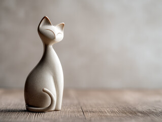 Elegant minimalist ceramic cat figurine with smooth lines and soft tones sitting gracefully on a wooden surface with a blurred neutral background creating a calm atm