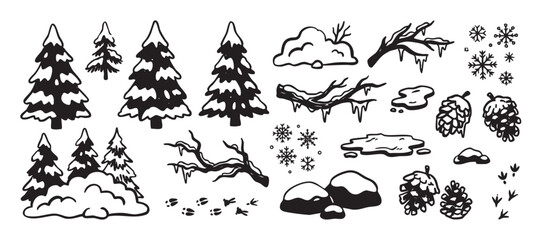 Fototapeta premium Hand-drawn black and white winter nature elements including snow-covered fir trees, pinecones, snowflakes, and icy branches in a simple doodle style graphic illustration set