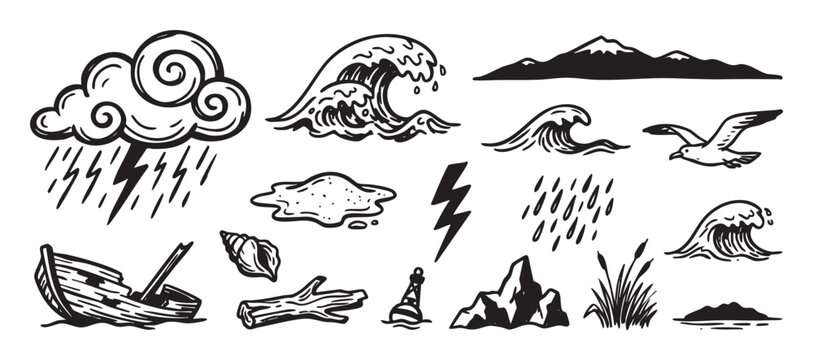 Set of hand-drawn black nautical icons featuring a storm cloud, ocean wave, shipwrecked boat, seagull, and mountain in a sketchy, vintage woodcut illustration style
