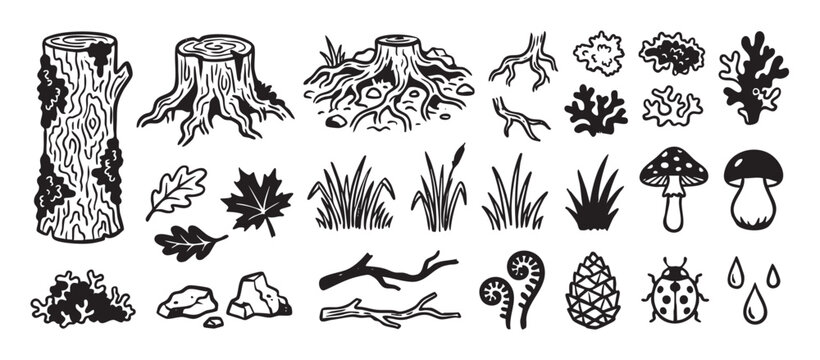 Collection of hand-drawn forest nature elements in a bold black and white graphic style, featuring a log, stump, mushroom, leaf, pinecone, and ladybug icon set