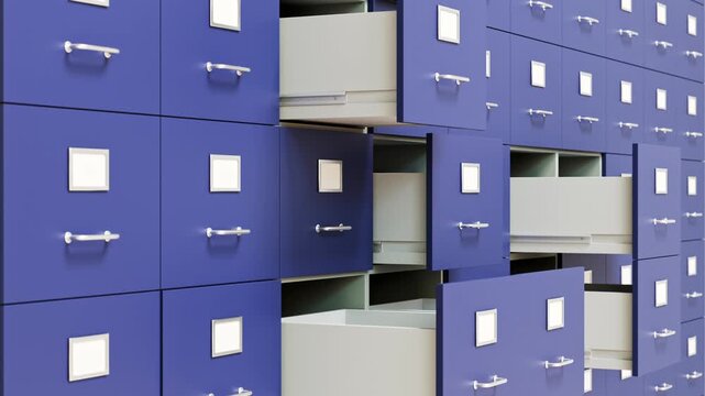 Thinking in stereotypes concept. In German "Schubladendenken" (putting things into drawers). An array of drawers; being opened and closed again. Static camera. Seamlessly loopable video