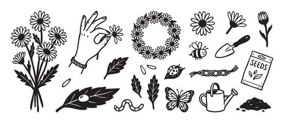 Fototapeta premium Set of hand-drawn gardening doodle icons featuring flowers, a bee, a watering can, a seed packet, and other nature elements in a charming black and white line art style