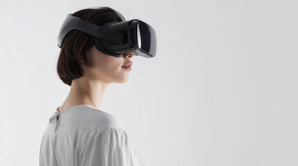 Hyperrealistic premium commercial stock photo side profile of a person wearing a VR headset, faceless (no facial features visible), clean minimal studio pose, half body visible, cr