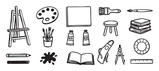 Collection of black line art icons featuring various artist tools like an easel, palette, paint, brushes, and canvas, illustrated in a simple hand-drawn doodle sketch style