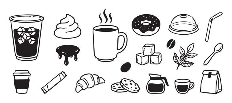 Collection of black and white coffee shop doodle icons showing various drinks, pastries, and accessories in a simple hand-drawn vector style for cafe menus or branding