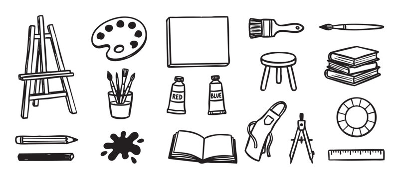 Collection of black line art icons featuring various artist tools like an easel, palette, paint, brushes, and canvas, illustrated in a simple hand-drawn doodle sketch style