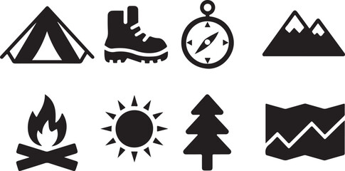camping adventure icons tent hiking boot compass mountain campfire map