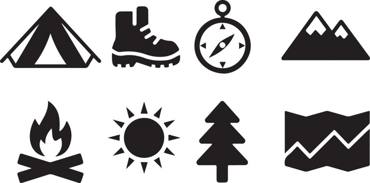 camping adventure icons tent hiking boot compass mountain campfire map
