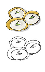 a drawing of a set serabi solo sweet cake from Indonesia. Made from sticky rice flour and coconut milk 