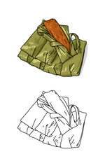 a drawing of a banana leaf with Stam sweet cassava cake inside. Indonesian Sweet dish local food