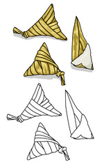 Illustration of triangle coconut leaf ketupat filled with boiled rice. Carbohydrates during Eid