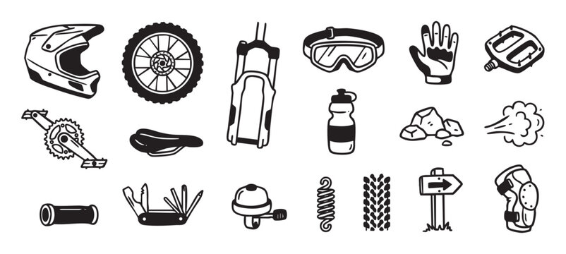 Set of hand-drawn mountain biking equipment icons including a helmet, wheel, suspension, and multitool in a black and white doodle style for extreme sports and outdoor adventure