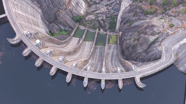 Aerial of a dam in a gorge with the river Duero. Border between Spain and Portugal.