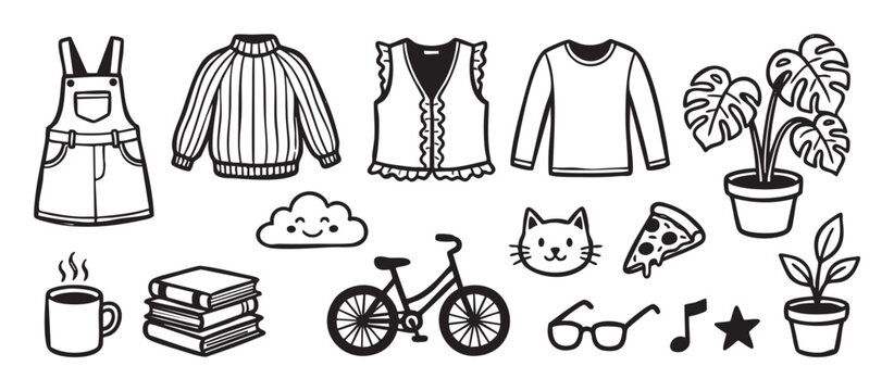 Collection of hand-drawn doodle illustrations showing various lifestyle and hobby items like clothing, a bicycle, books, plants, and a cute cat face in a simple black line art style