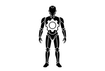 Fototapeta premium A black and white vector graphic of a robotic human figure with a gear on its chest