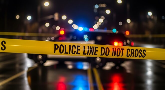 Yellow police caution tape 'Police Line Do Not Cross' prominently displayed across a blurred night street, indicating an active incident or crime scene with emergency vehicle lights