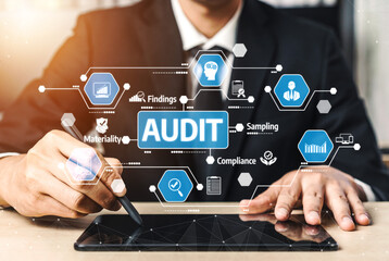 A professional individual engaged in the audit process, showcasing graphical elements like compliance, findings, and sampling in a modern office environment. Tessel