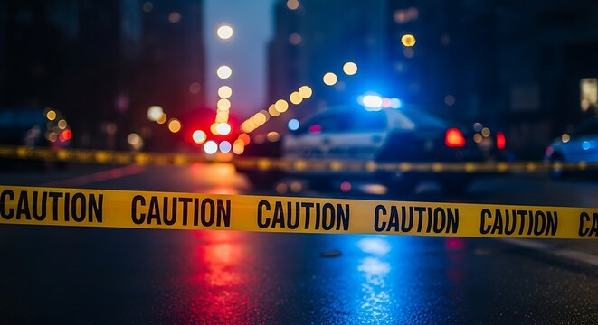 Nighttime urban street sealed off with yellow CAUTION tape, illuminated by the flashing red and blue lights of police vehicles, signifying an active emergency or crime scene investigation
