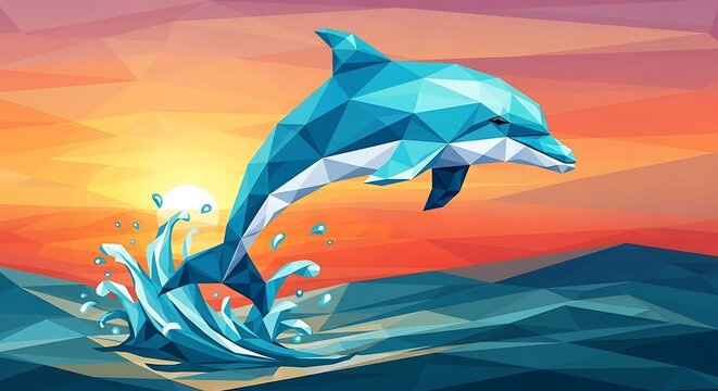 Geometric Dolphin Jumping in Ocean Waves.
