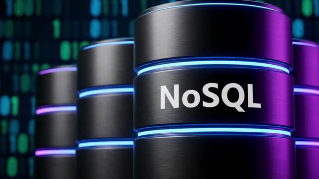NoSQL database concept with matte black servers and neon lights. 3D animation of non-relational data storage technology