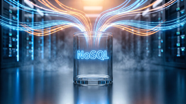 NoSQL database concept with glowing blue text inside a glass cylinder. Orange and blue data streams flowing into storage in a futuristic server room. Big data and cloud computing technology