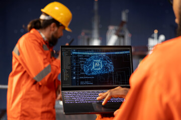 Close up of offshore platform technician using predictive AI models to forecast equipment maintenance needs. Specialist analyzing machine learning data on dashboard to prevent mechanical failures