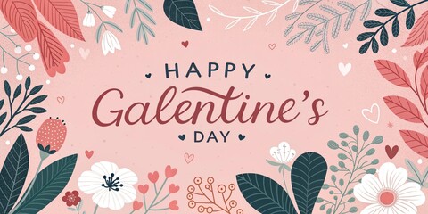 Happy Galentines Day floral lettering with decorative leaves and flowers feminine greeting.