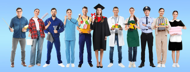 Obraz premium Graduate student and people of various professions on blue gradient background. Career choice