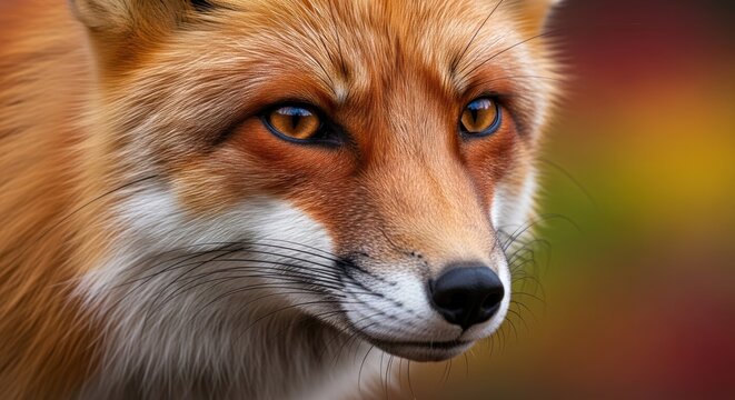 Captivating close-up of a red fox head with striking amber eyes gaze