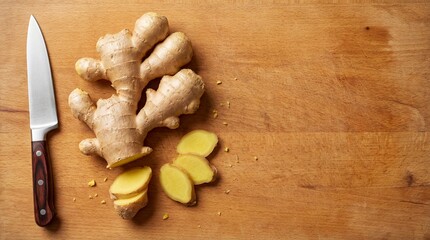 A culinary still life featuring ginger root, sliced ginger, and a knife on a wooden surface