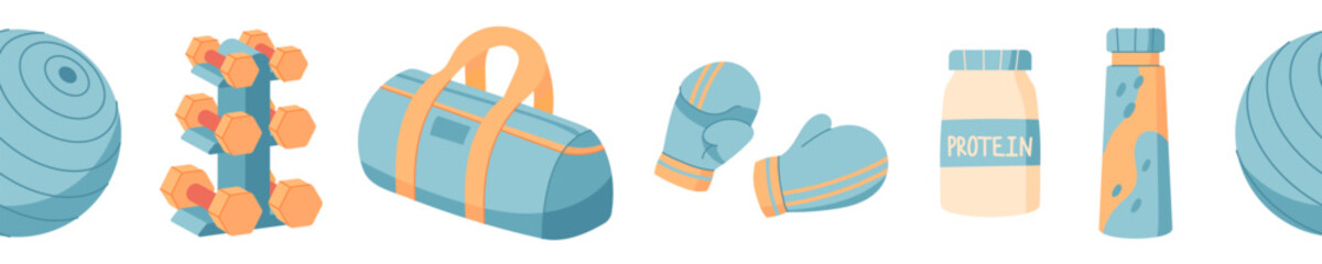 Seamless flat gym border with sport equipment pattern. Repetitive workout pattern featuring bag, gloves, and bottle. Ornament for fitness training themes, dynamic frame decoration, or minimalist gym