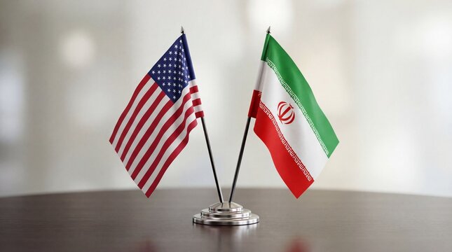 Two flags of the United States of America and Iran together on a table representing the relations between countries