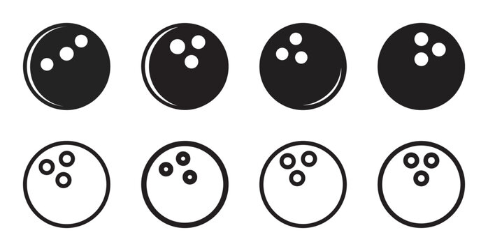 Black and white bowling ball icon set in solid fill and outline styles, vector illustration