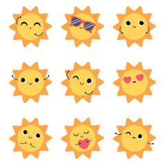 Fototapeta premium Collection of suns with different emotions. Isolated on a black background. Vector illustration in flat style