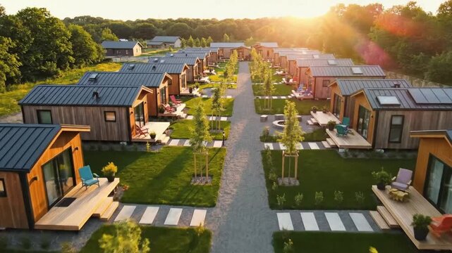 Modern tiny house community at sunset