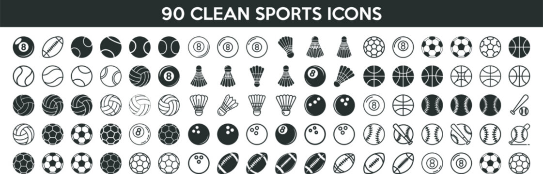 A comprehensive collection of 90 clean sports icons featuring various balls and equipment