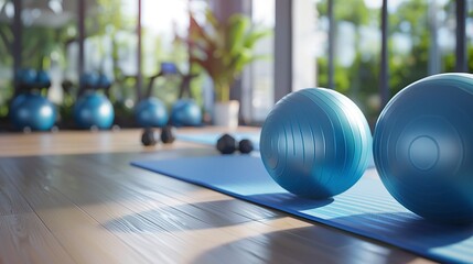 Naklejka premium A photo of a set of gym balls and exercise mats.
