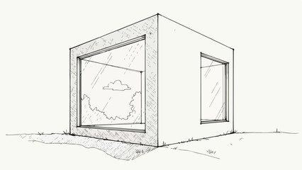 Minimalist cube structure with large glass window