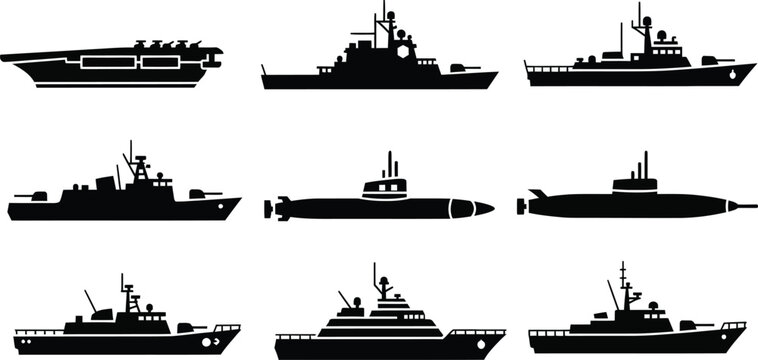 Black naval ships collection illustration with various vessels on transparent background silhouette
