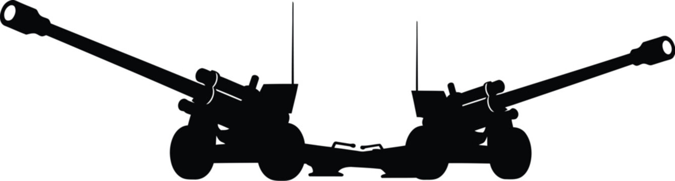 Detailed black silhouette of two military tanks facing opposite directions on transparent background