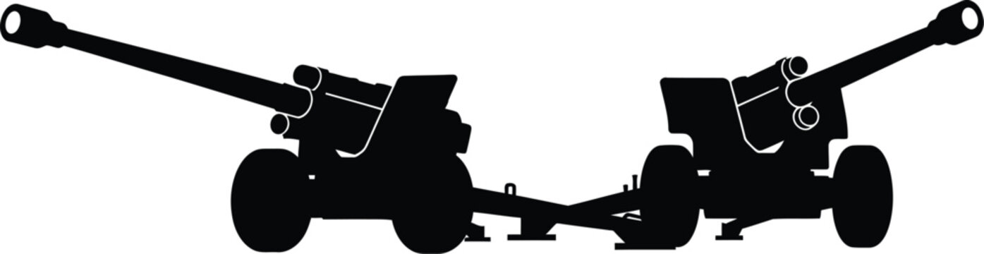 Detailed black silhouette of dual artillery cannons a powerful military image on transparent background