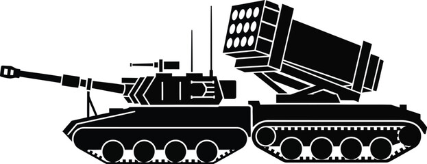 Naklejka premium Detailed black tank silhouette illustration with multiple rocket launchers on transparent background
