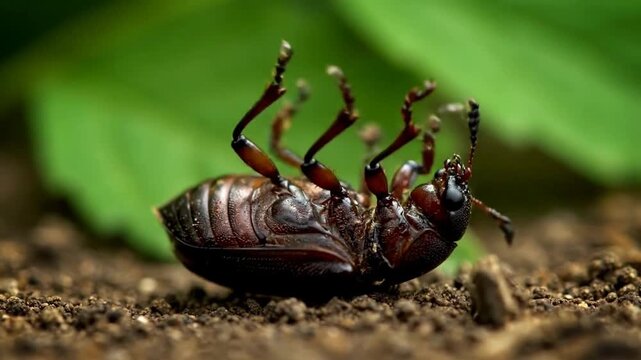 Close-up of a beetle lying on its back in a natural environment.