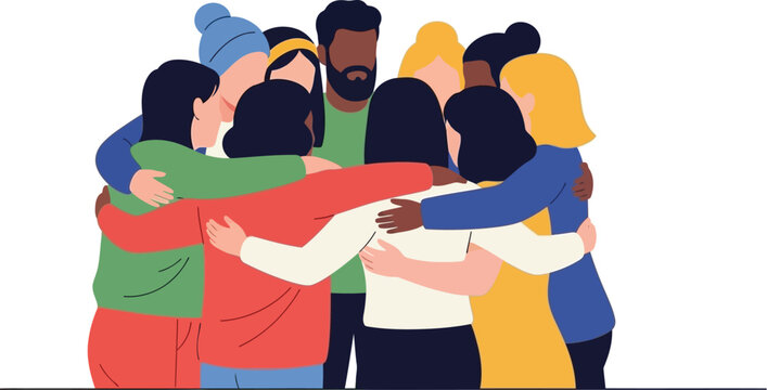 Diverse group of people embracing in a close huddle on transparent background silhouette