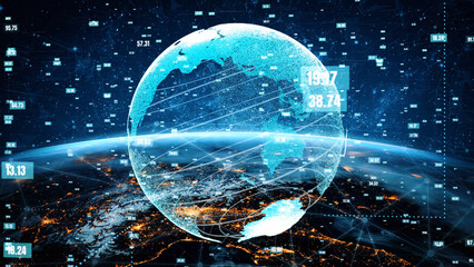 A stunning representation of Earth in a digital format, showcasing data connections and light effects. It illustrates global technology, geography, and scientific visualization. Xenic