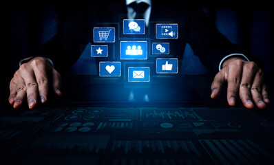 Fototapeta premium Icons representing social media interaction, communication, and engagement. Social media builds community, social media drives connection, and social media influences behavior. Vouch